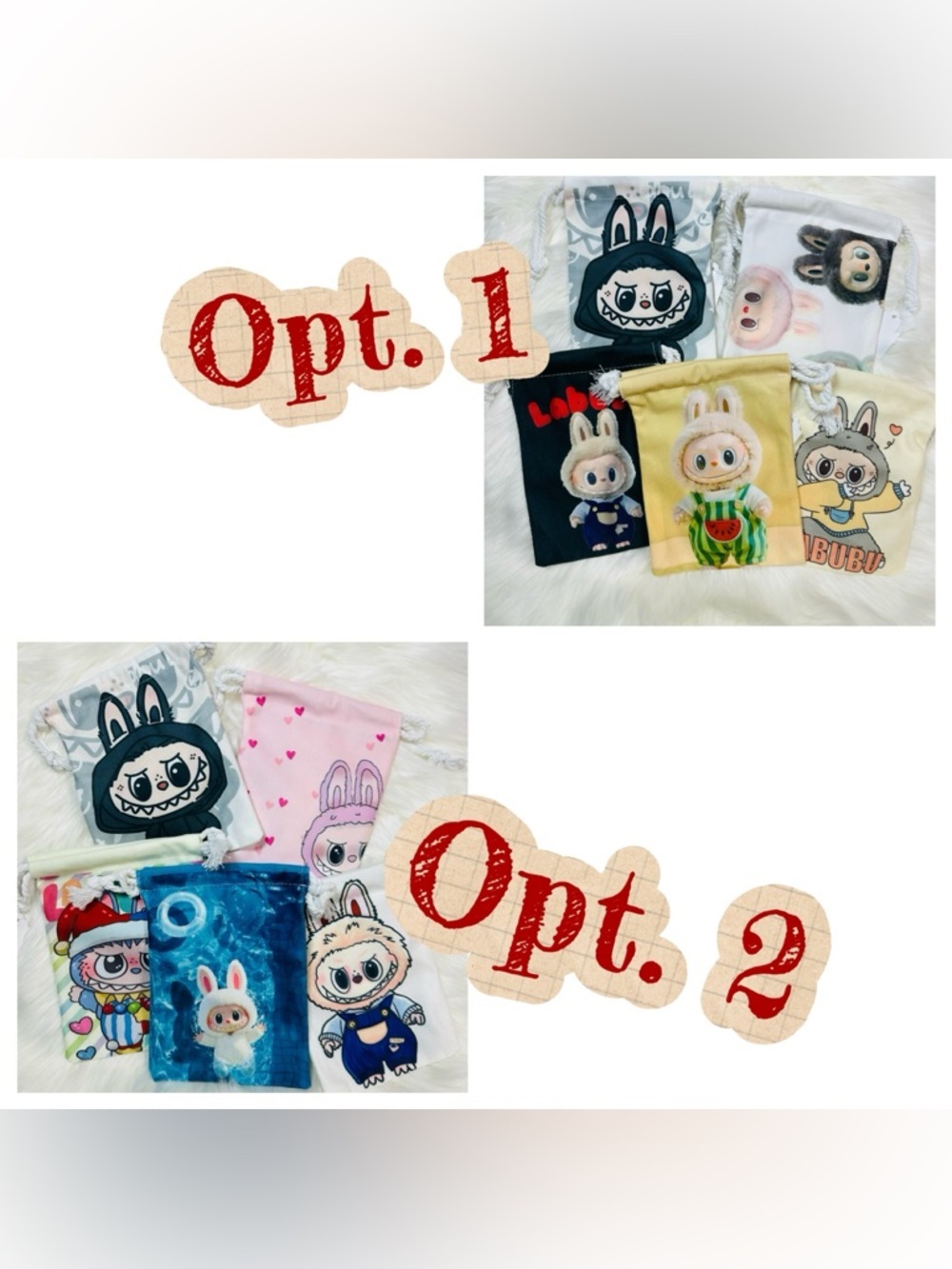 Bundle of 6 Cute Labubu Drawstring Pouch - Yellow, Black, Cream